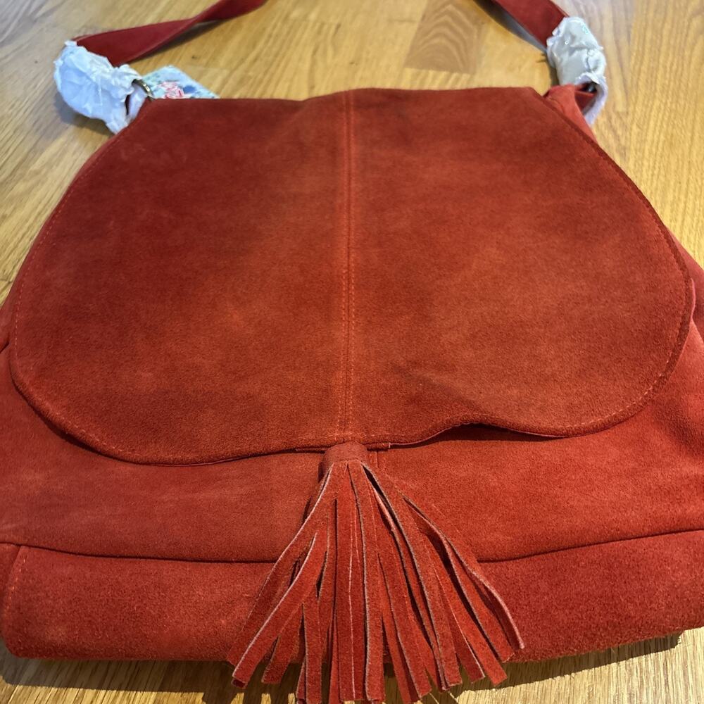 Anthropologie RAJ Red Suede Large Shoulder Bag tote tassel fringe new